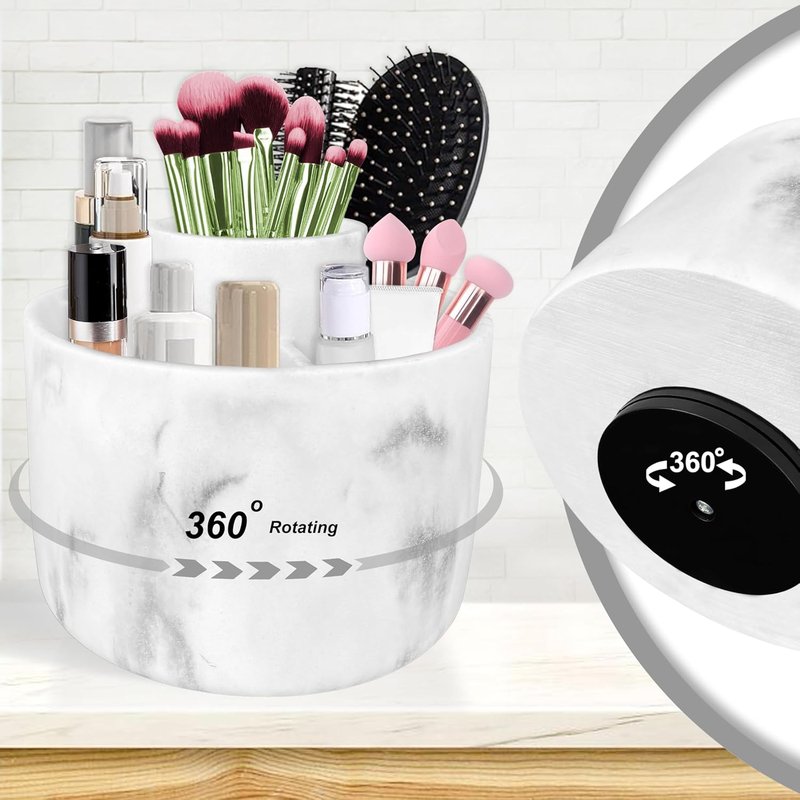 Makeup Brush Holder Organizer - 360° Rotating Resin Case | 4 Slot White Marble Storage for Cosmetics & Tools