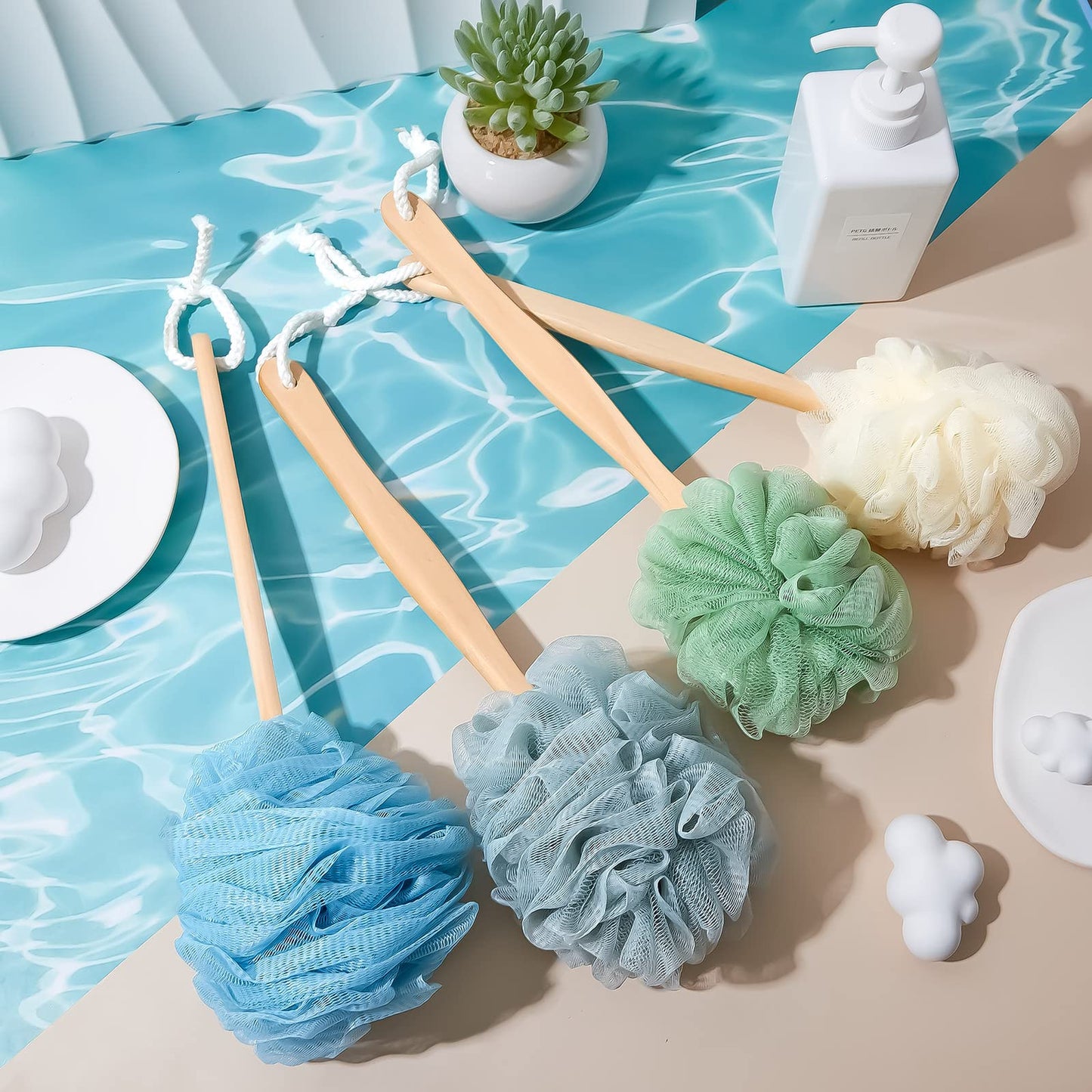 Tessco for you 12 Pack Long Handle Shower Loofahs, Mesh Back Scrubbers