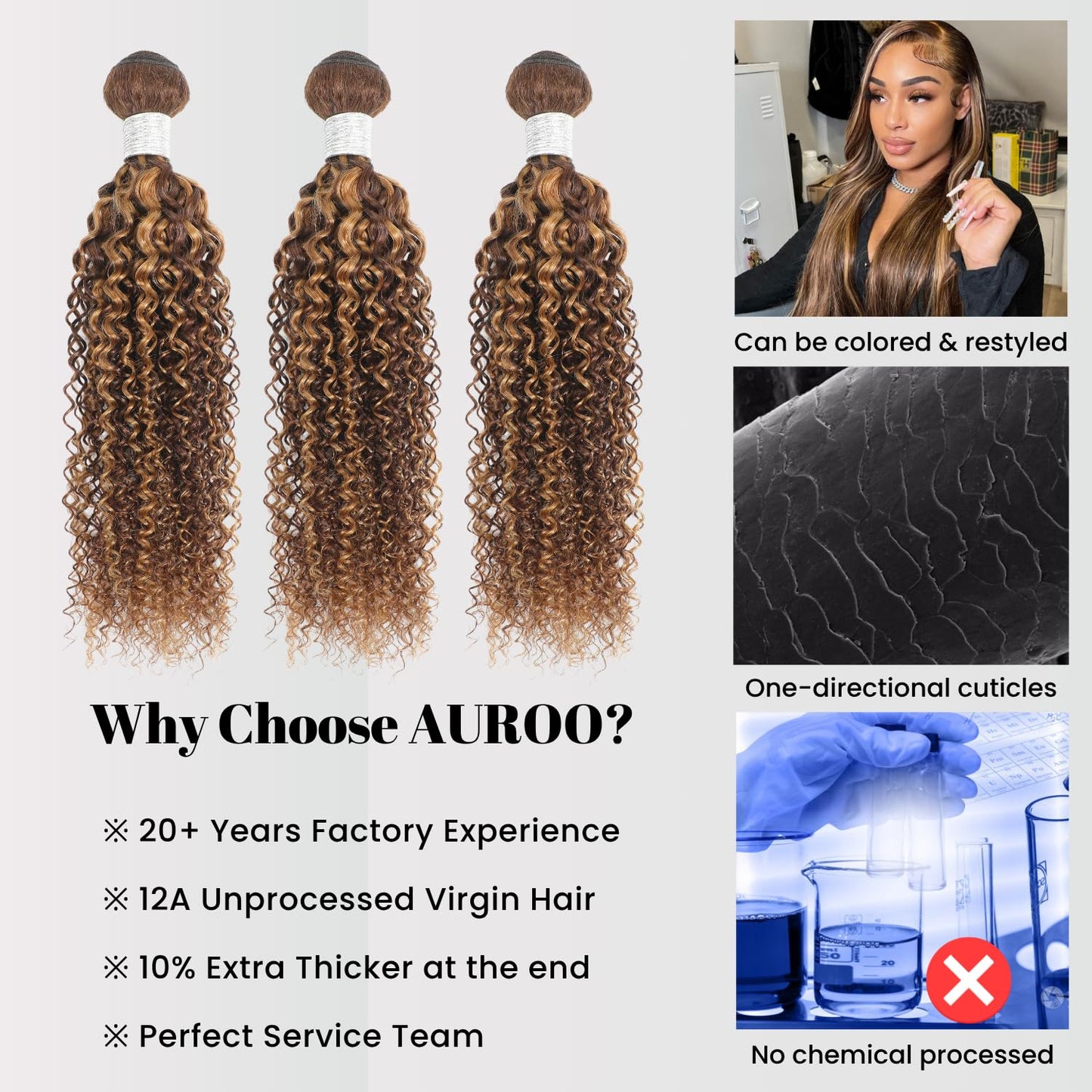 AUROO Honey Blonde Highlight Tight Kinky Curly Human Hair Single Bundles, 12A Brazilian Curly Weave Bundles Human Hair 100% Virgin Remy Bundle Ombre #P4/27 Colored Kinky Curly Thick Tracks Sew in 14In