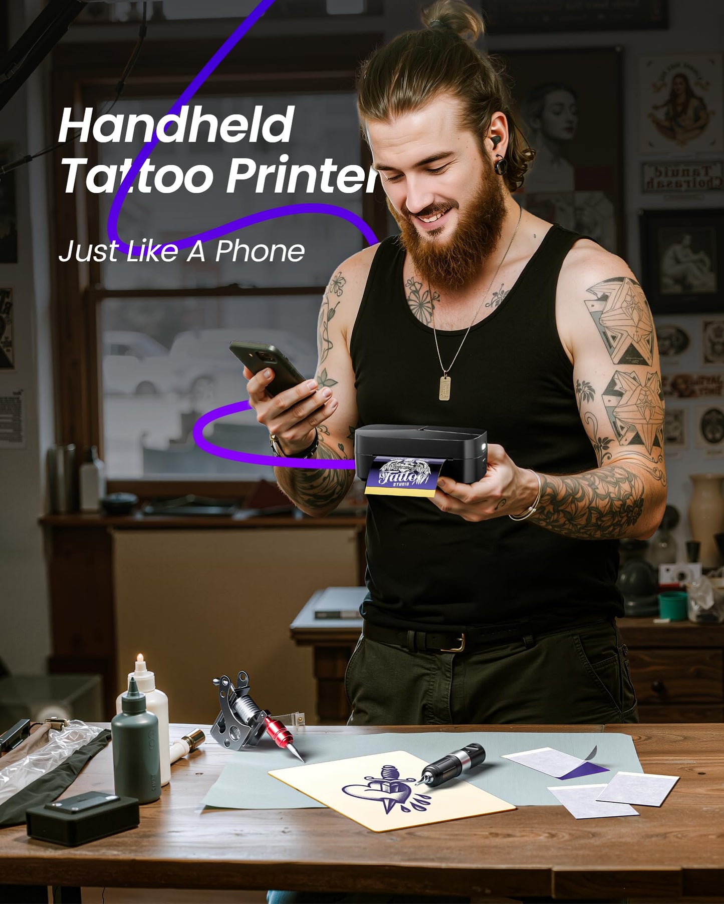TATTMUSE Tattoo Stencil Printer for Beginners, Mini Tattoo Printer with 30 Pcs Transfer Paper, Bluetooth Stencil Printer Compatible with Phone & Tablet, Tattoo Machine Kit for Professional