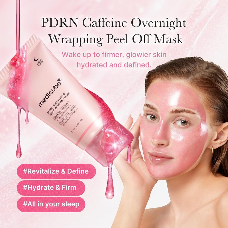 Medicube Pink Glow Wrapping Mask Duo | Collagen & Caffeine Peel-Off Facial Masks with Brush - Overnight Treatment