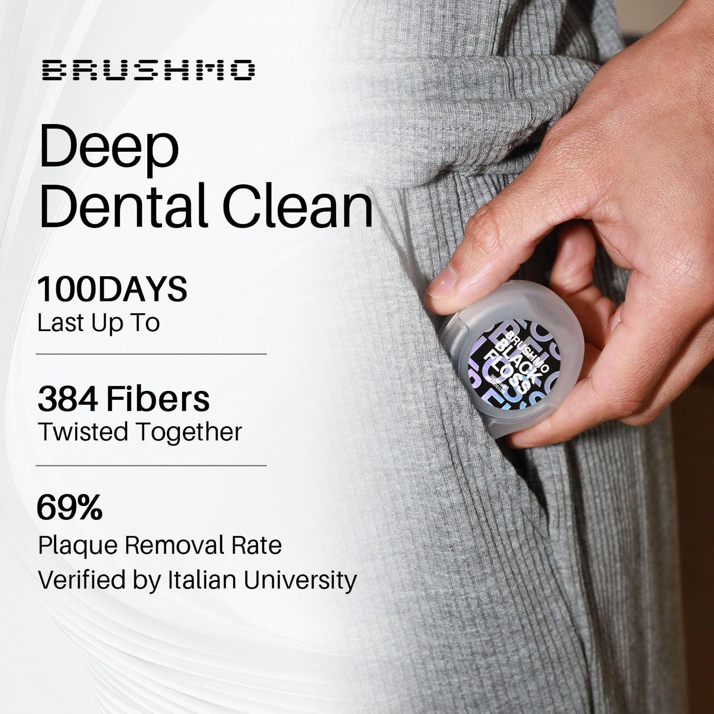 Brushmo Black Floss (BBFloss) - Expanding Floss, Gum-Friendly Soothing Mint Dental Floss, Natural Vegan Wax to Remove Plaque from Teeth, US-Dentist Designed PTFE & PFAS Free Oral Care, 1 Spool, 55 yd