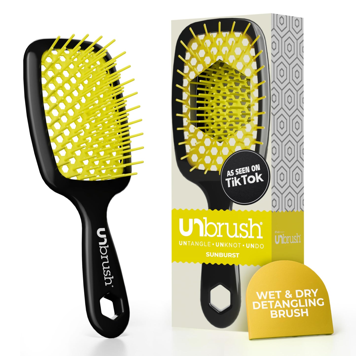 FHI Heat UNbrush Detangling Brush for Pain-Free Brushing on All Wet or Dry Hair Types — Durable DuoFlex Anti-Static Bristles, Lightweight Handle, Vented Hair Brush, Sunburst