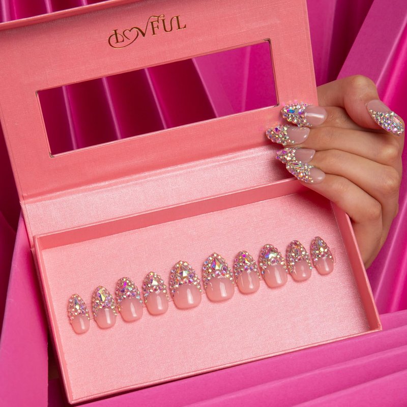 LOVFUL Press on Nails Citrus Bloom | Handmade with Full Covered Crystals | Reusable Fake Nails | Almond Regular 1.0 in | H209-M