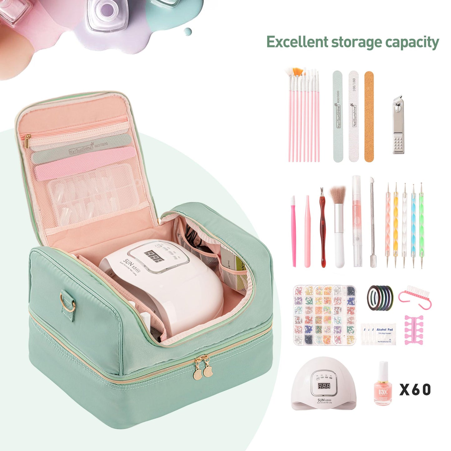 KGMCARE Nail Polish Organizer Bag, Nail Supplies Storage Holds 60 Bottles Nail Polish & Nail Lamp, Gel Nail Travel Carrying Case for Nail Kit Nail Tech (Green)