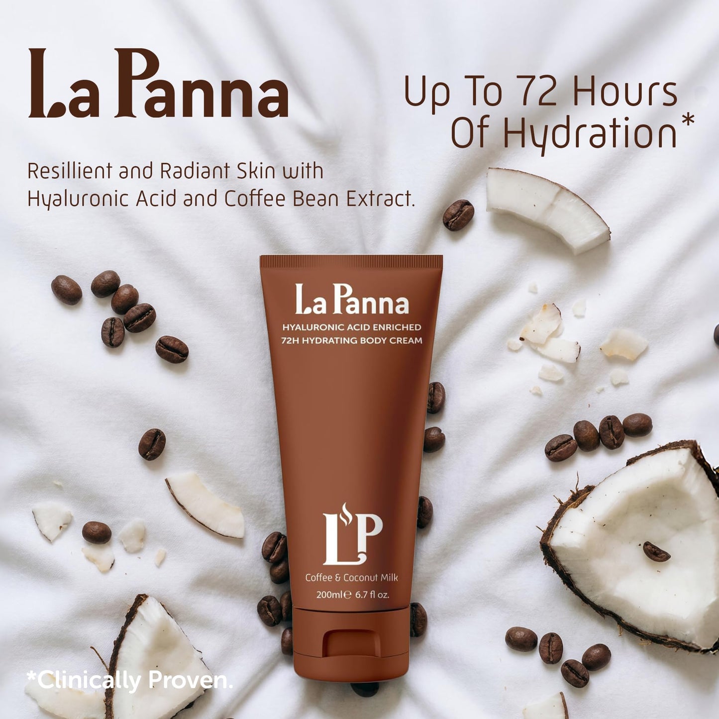 La Panna Coffee & Coconut Milk Hydrating Body Cream with Vitamin E – Rich Moisturizer, Fast Absorbing, Non-Greasy Velvet Glow Lotion - Nourishing Vegan & Cruelty-Free Skin Care, 6.7 fl oz