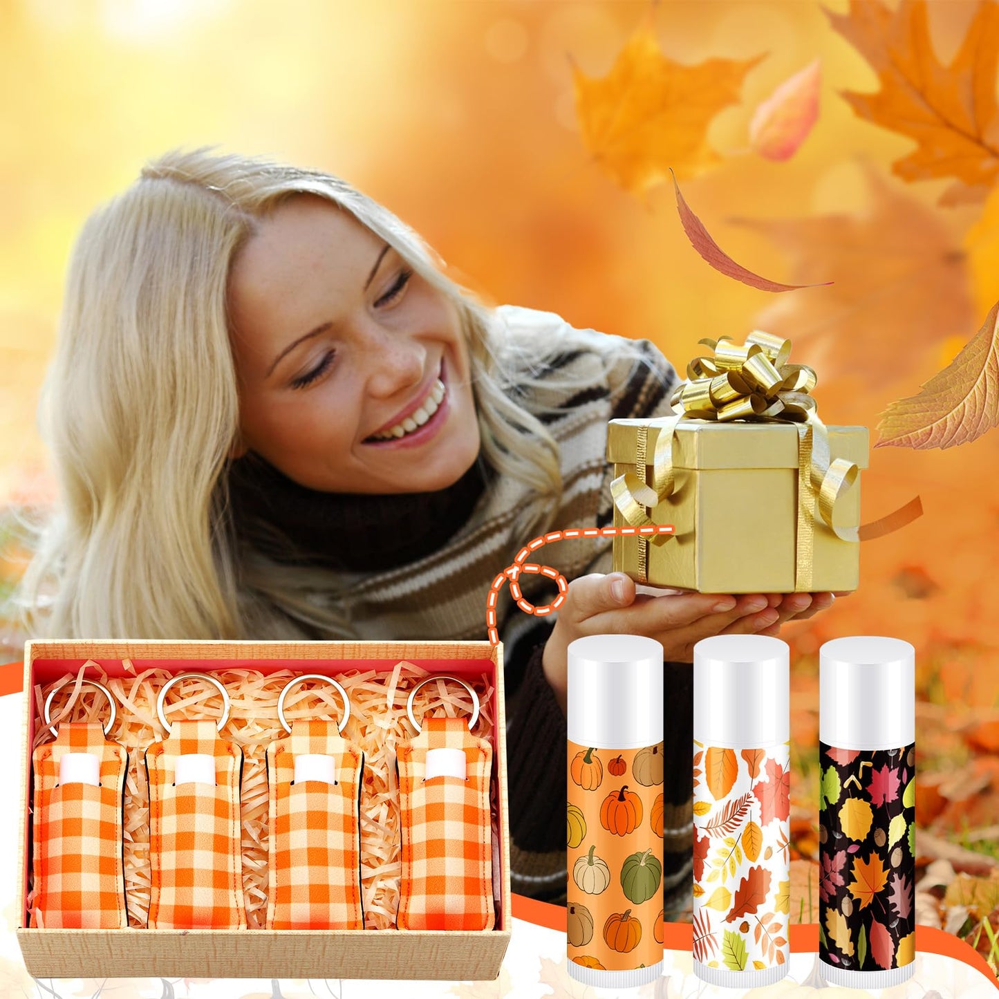 Swiffen 18 Sets Fall Maple Leaf Pumpkin Lip Balm and Holder Keychains Set Pumpkin Party Favors Bulk for Women Employee Basket Christma Stocking Stuffers Goodie Bag