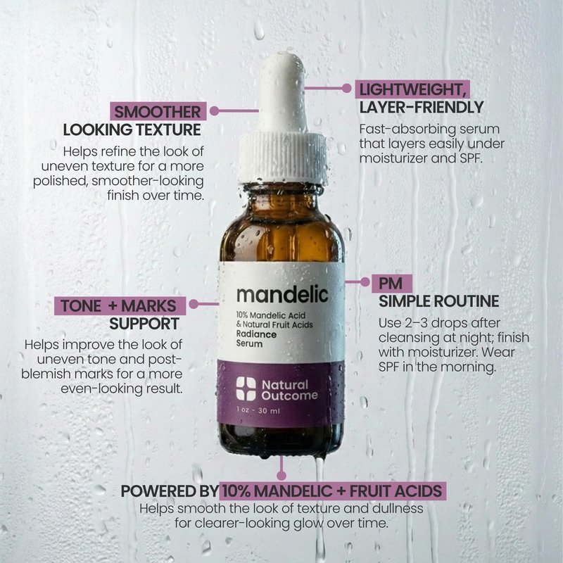Mandelic Acid Serum 10% | Anti-Aging AHA Facial with Hyaluronic Acid | Targets Fine Lines, Dark Spots, and Wrinkles | Clarifies Acne and Stimulates Natural Collagen Production | 1 Oz Natural Outcome
