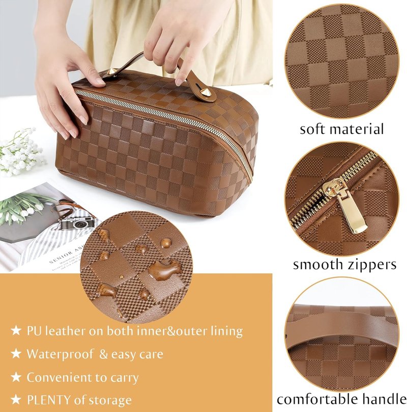 Checkered Travel Makeup Bags | Large Capacity Waterproof Cosmetic Organizer Set - PU Leather with Handle & Divider (Brown)