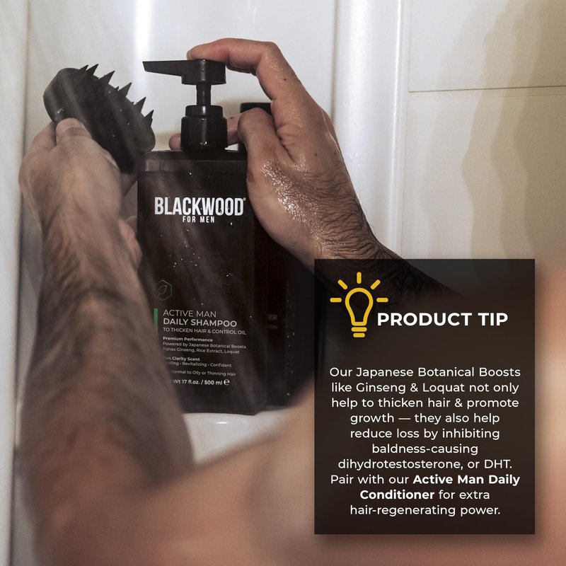 BLACKWOOD FOR MEN Active Man Daily Shampoo - Thickening & Clarifying Shampoo for Normal to Oily Hair or Scalp - Fights Hair Loss - Natural Vegan Formula - Sulfate Free with Ginseng & Aloe Vera (17oz)