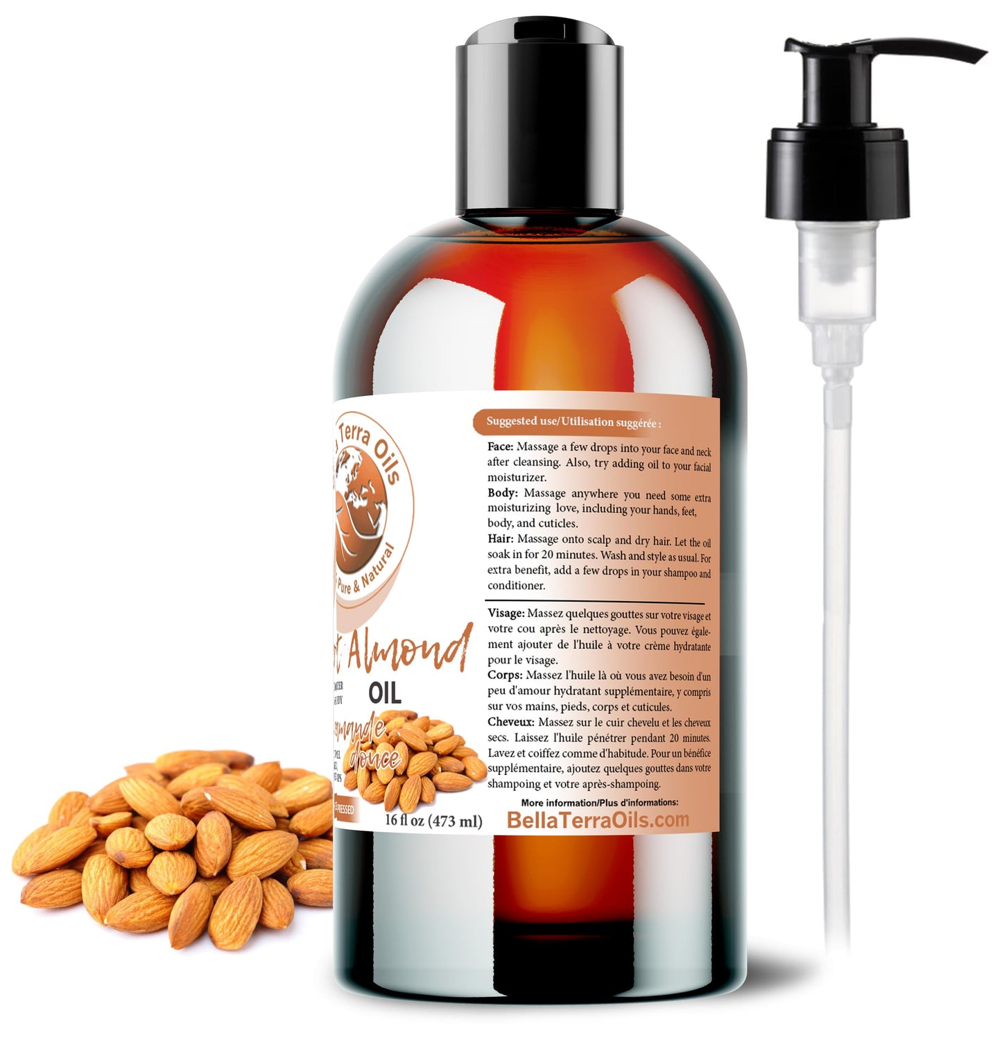 Bella Terra Oils - Natural Sweet Almond Oil 16oz - Purity Meets Luxury with Almond’s Vitamin B & Minerals, Cold-Pressed Elixir for Mesmerizing Skin