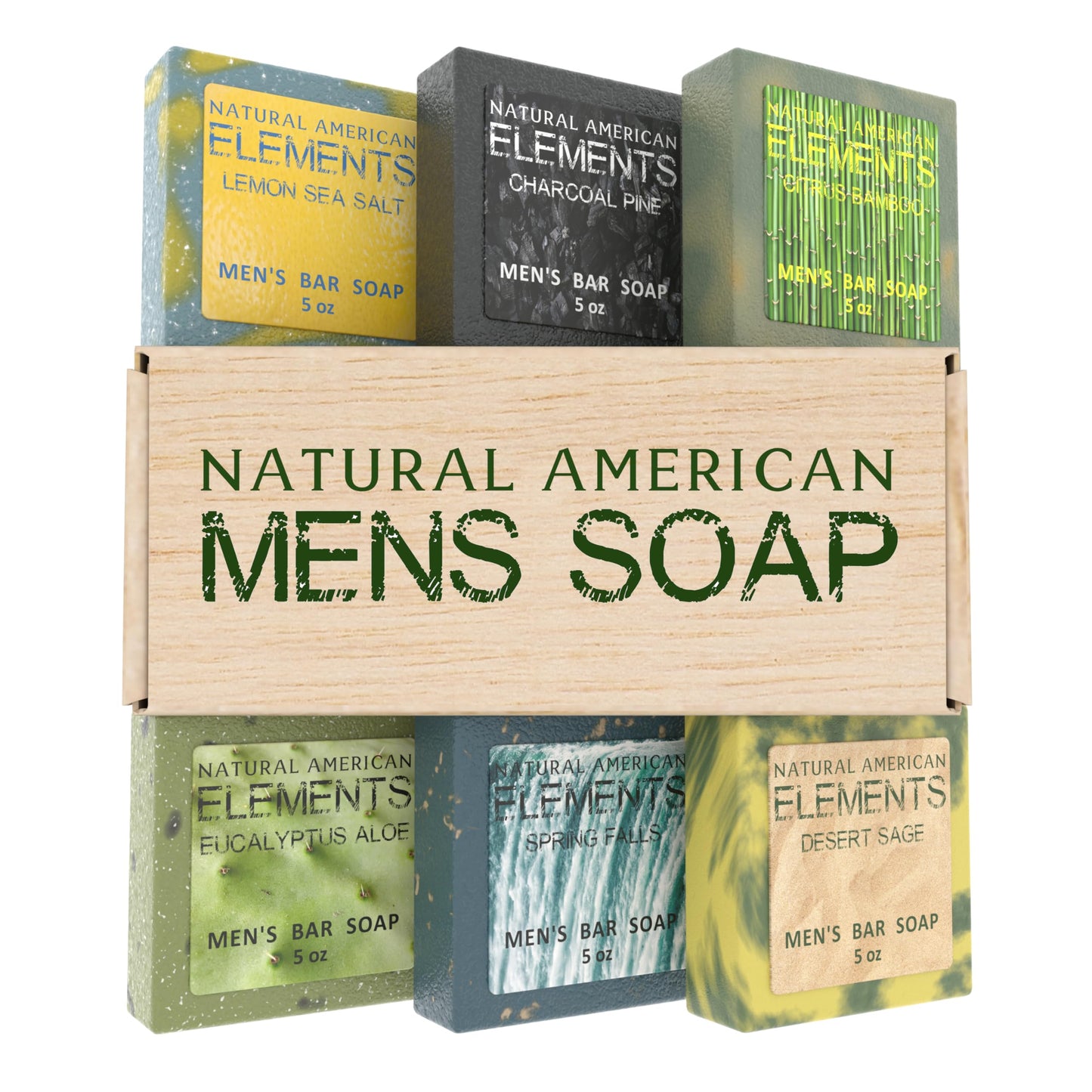 NATURAL AMERICAN ELEMENTS Men's Bar Soap - Masculine Scents, 100% Natural Soap for Men - Essential Oils, Organic Shea Butter - Made in USA, Body Wash - 5 oz (6pk)