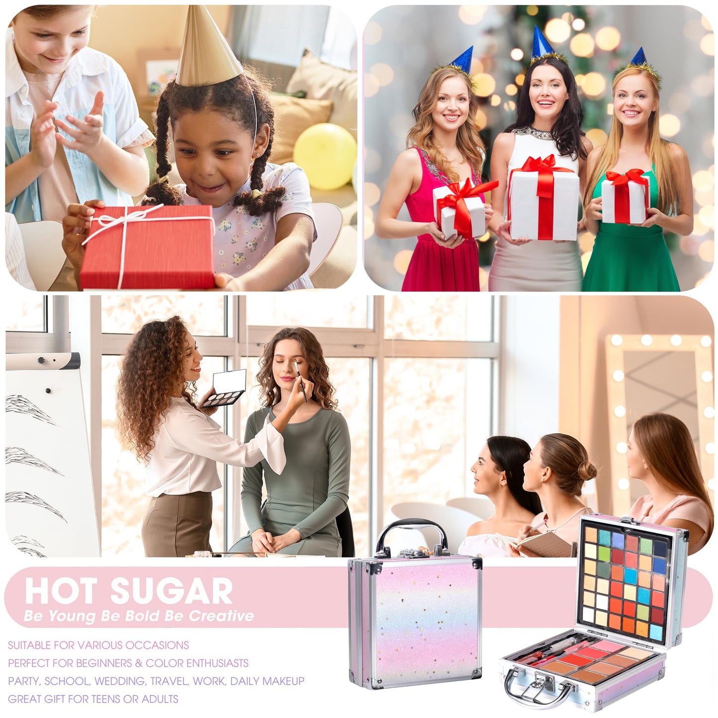 Hot Sugar Girls Makeup Kit for Teenagers 13-15 and Women Includes Eyeshadow Lip Gloss Blush Highlighter Bronzer Brush (Rainbow)