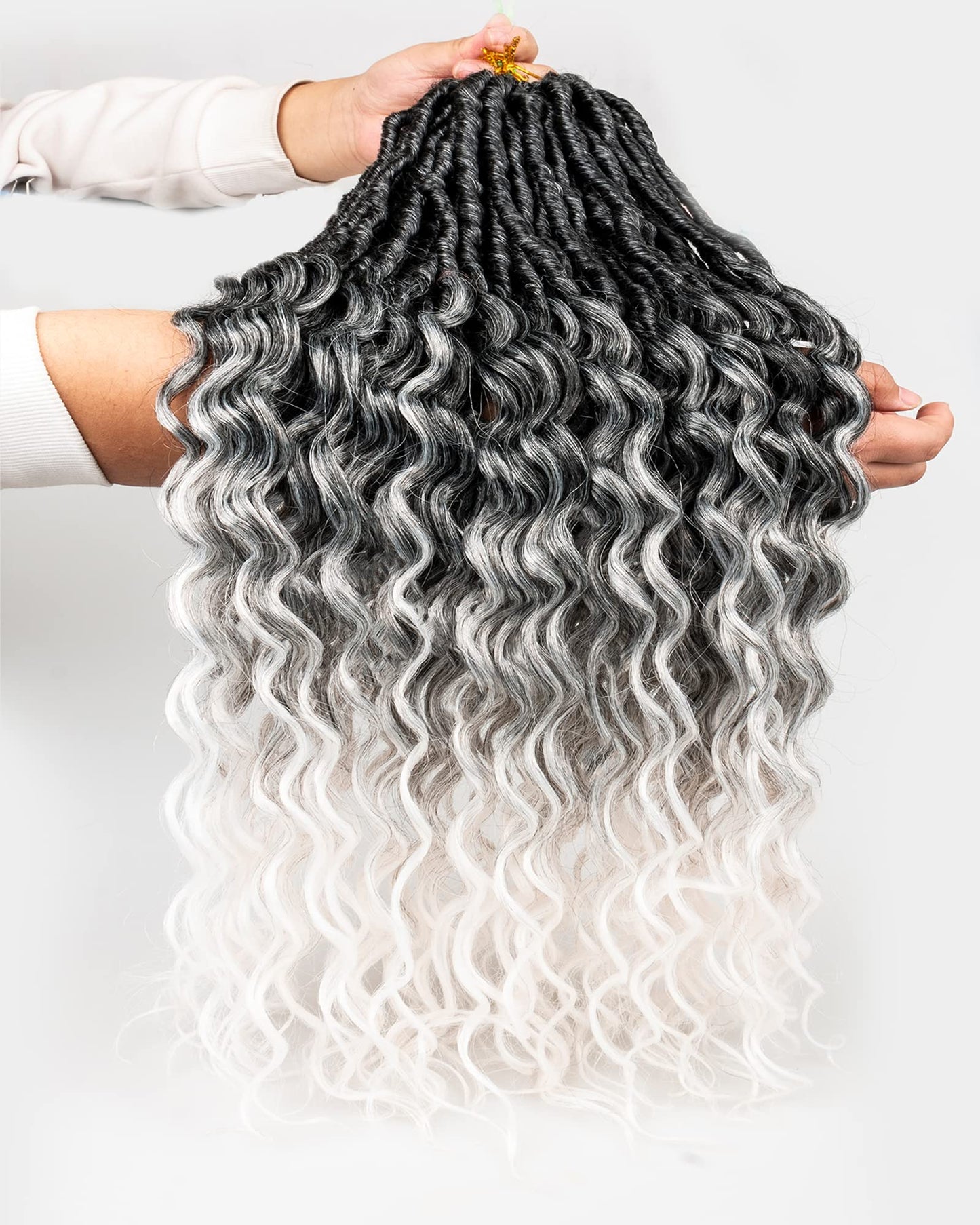 Faux Locs Crochet Hair for Black Women- 24 Inches 8 Packs Pre Looped Ombre Grey to White Synthetic Hair Extensions, Soft Goddess Locs Braids with Long Deep Wave Curly Ends(112 Strands,Tgrey/613)