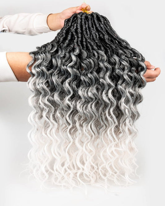 Faux Locs Crochet Hair for Black Women- 24 Inches 8 Packs Pre Looped Ombre Grey to White Synthetic Hair Extensions, Soft Goddess Locs Braids with Long Deep Wave Curly Ends(112 Strands,Tgrey/613)