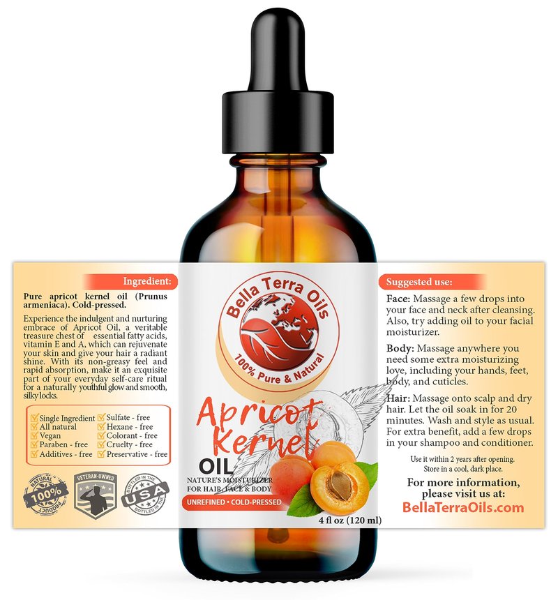 Bella Terra Oils - Natural Apricot Kernel Oil 16oz - Pure Natural Apricot Kernels Extract, Enriched with B-Vitamins & Omega Fatty Acids, Elevate Your Skin Care Regimen