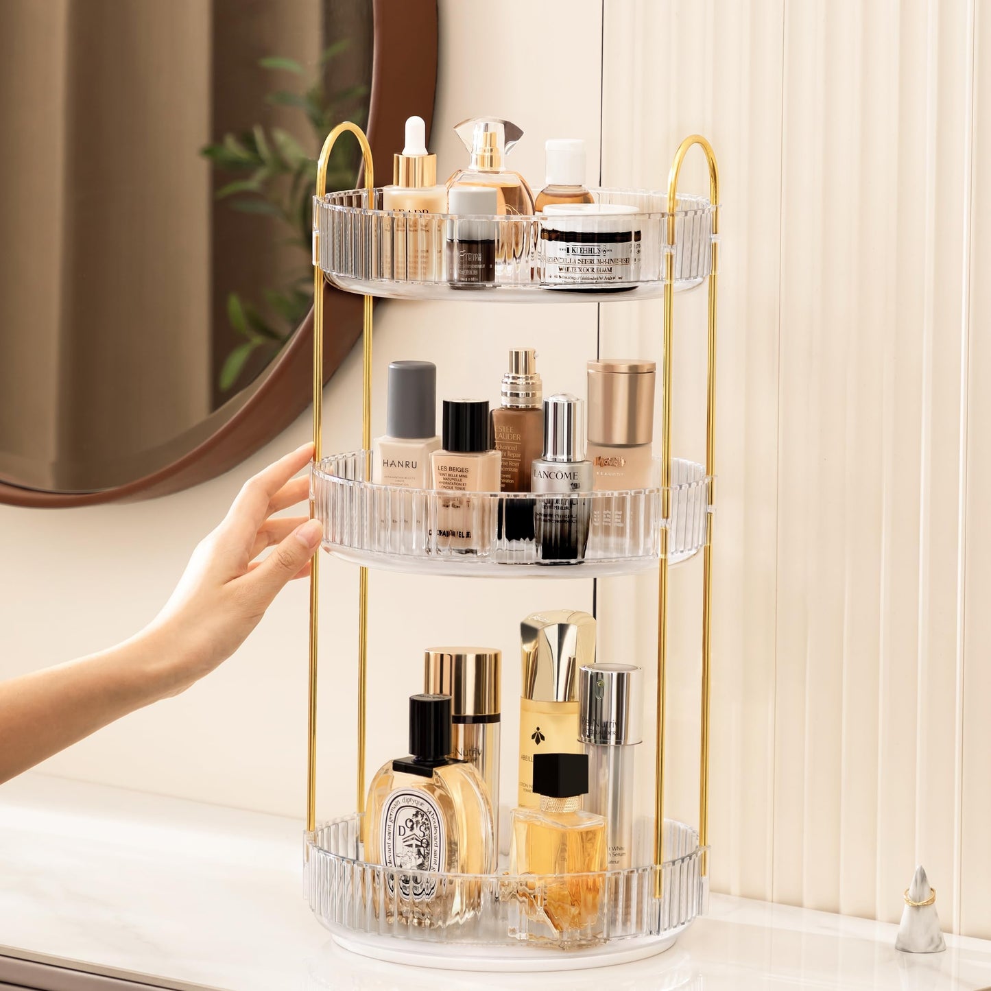 3-Tier Rotating Makeup Organizer, 360° Spinning Cosmetic Storage, 18.5" Height Clear Vanity Display with Gold Metal Frame