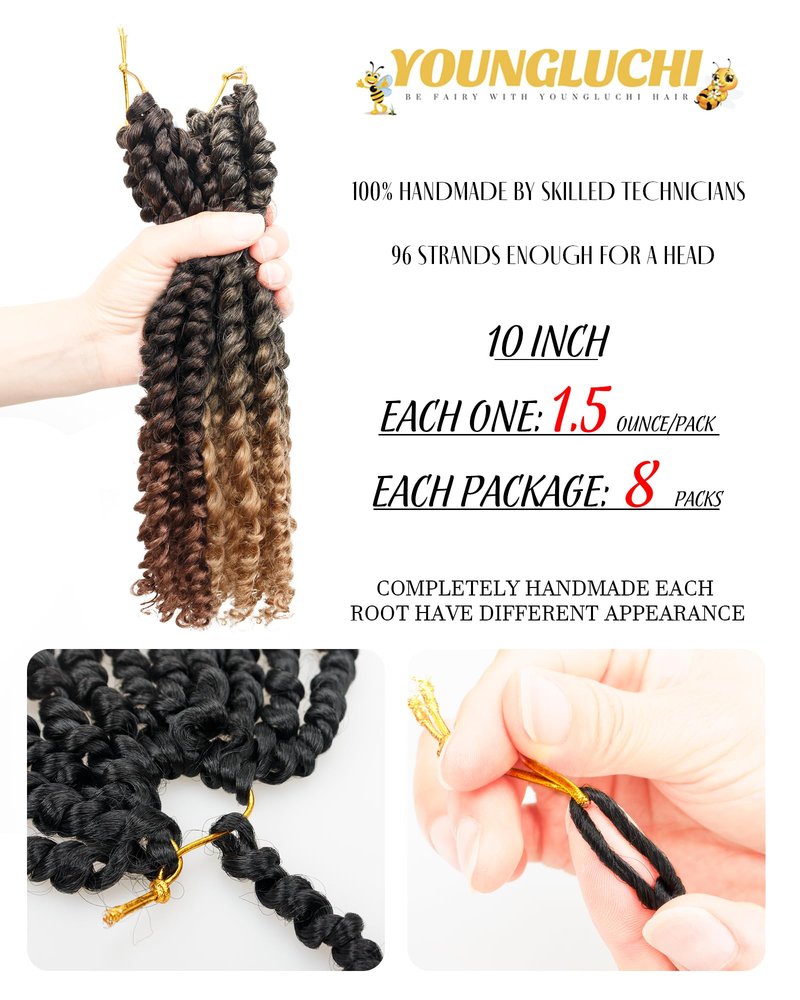 10 Inch 8 Packs Passion Twist Crochet Hair-Mixed Color Combo Pack(6 packs 1B+ 1 pack T1B/27+1 pack T1B/30),Pre-twisted Pre Looped Soft & Bouncy Synthetic Braided Hair Extensions (1B+T27+T30)