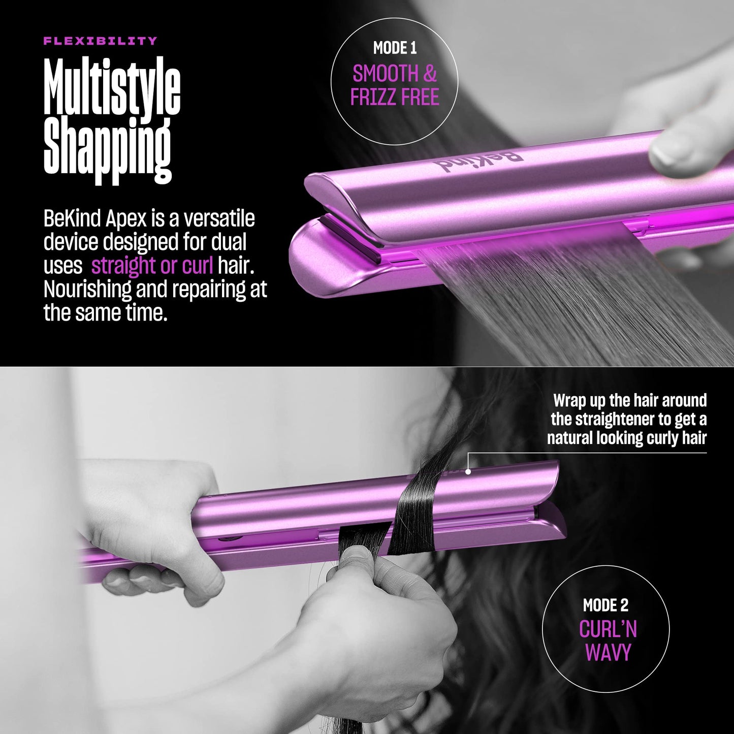 Bekind Apex 2-in-1 Hair Straightener Flat Iron | 1“ 460°F Straightener & Curler for All Hairstyles | UltraSmooth Tech | 15s Fast Heating & Temp Memory | Gift Set for Girls Women (Violet Bloom)