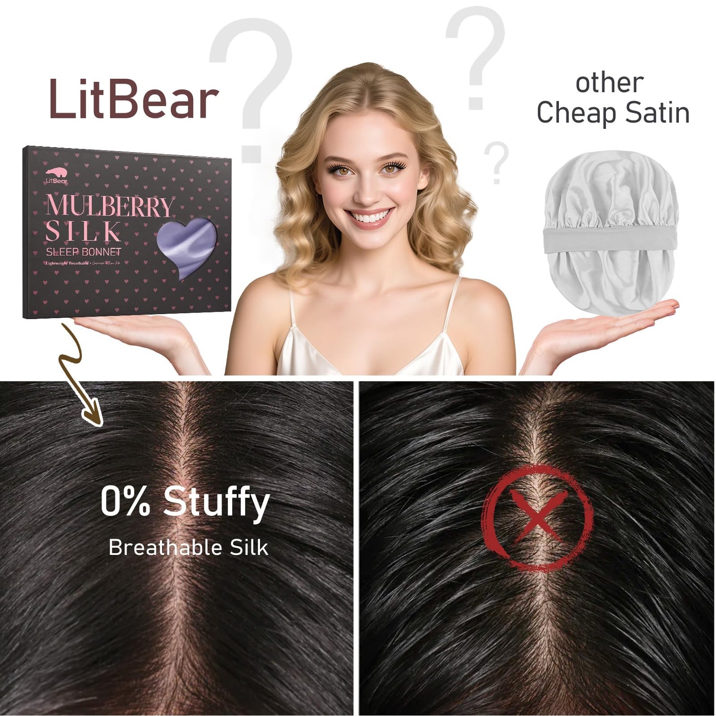 LitBear 100% Mulberry Silk Bonnet for Sleeping Women, 22 Momme Silk Hair Wrap with Elastic Band for Long Short Curly Hair, Non-Slip Night Cap Reduce Friction, Purple