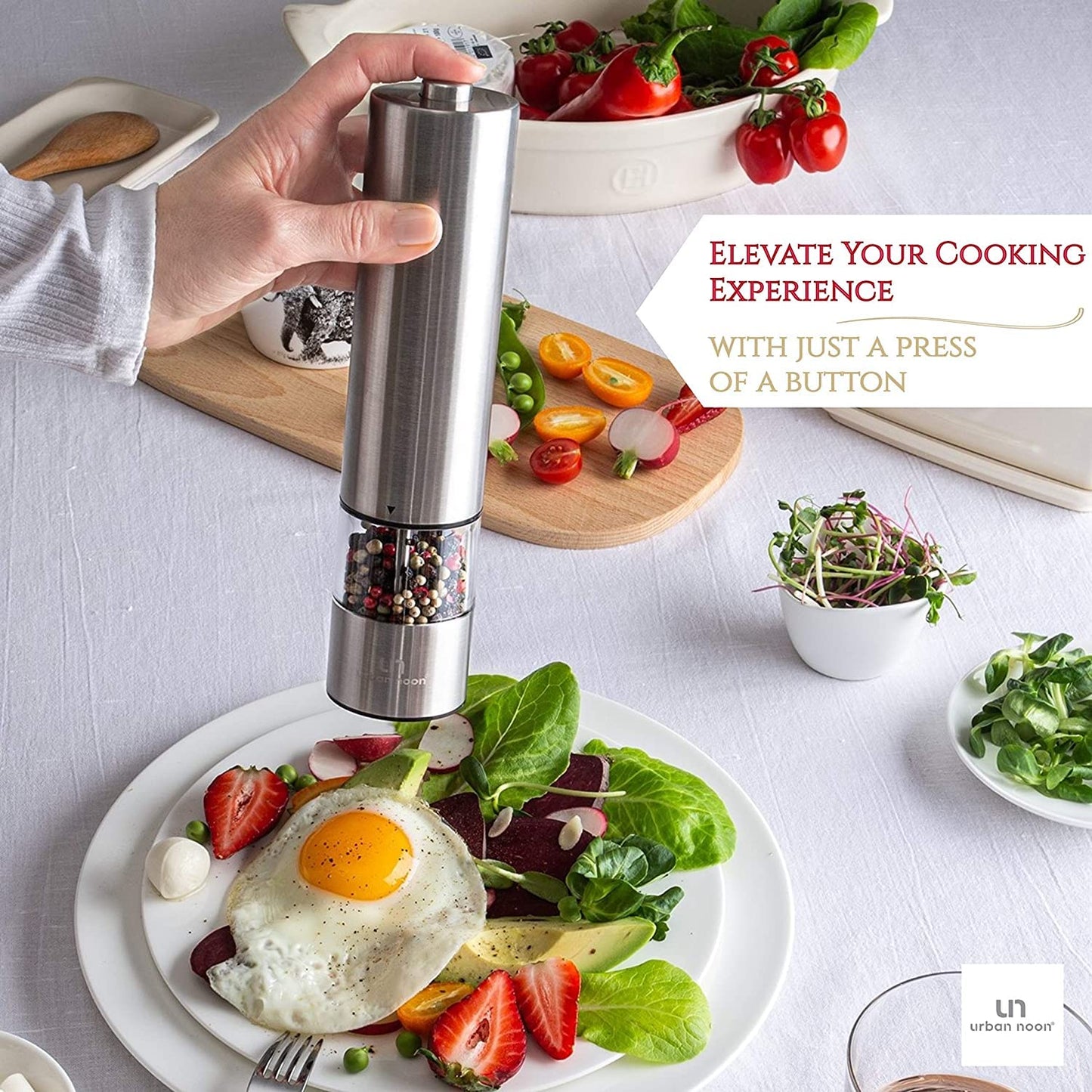 Urban Noon Electric Salt and Pepper Grinder Set (2 Mills, 8.1" Tall) - One-Handed Push-Button Mills with LED Light, Adjustable Ceramic Coarseness, Gift-Ready Box, 1-Year Warranty - Stainless Steel