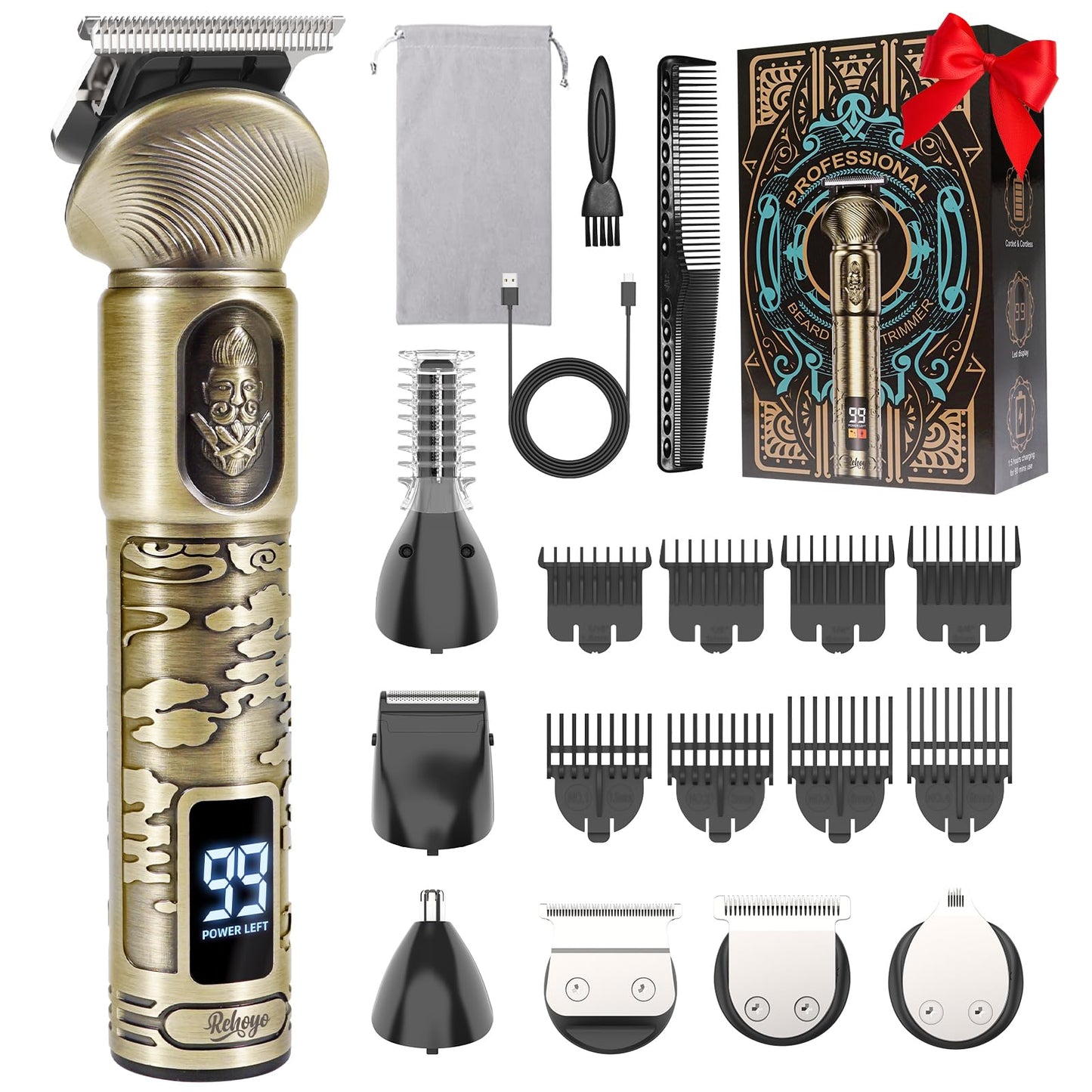 REHOYO Beard Trimmer for Men, Waterproof Cordless Hair Clipper, Electric Razor Shaver, Mens Grooming Kit for Mustache Nose Body Facial Hair, Rechargeable Beard Trimmer Kit, Gifts for Men