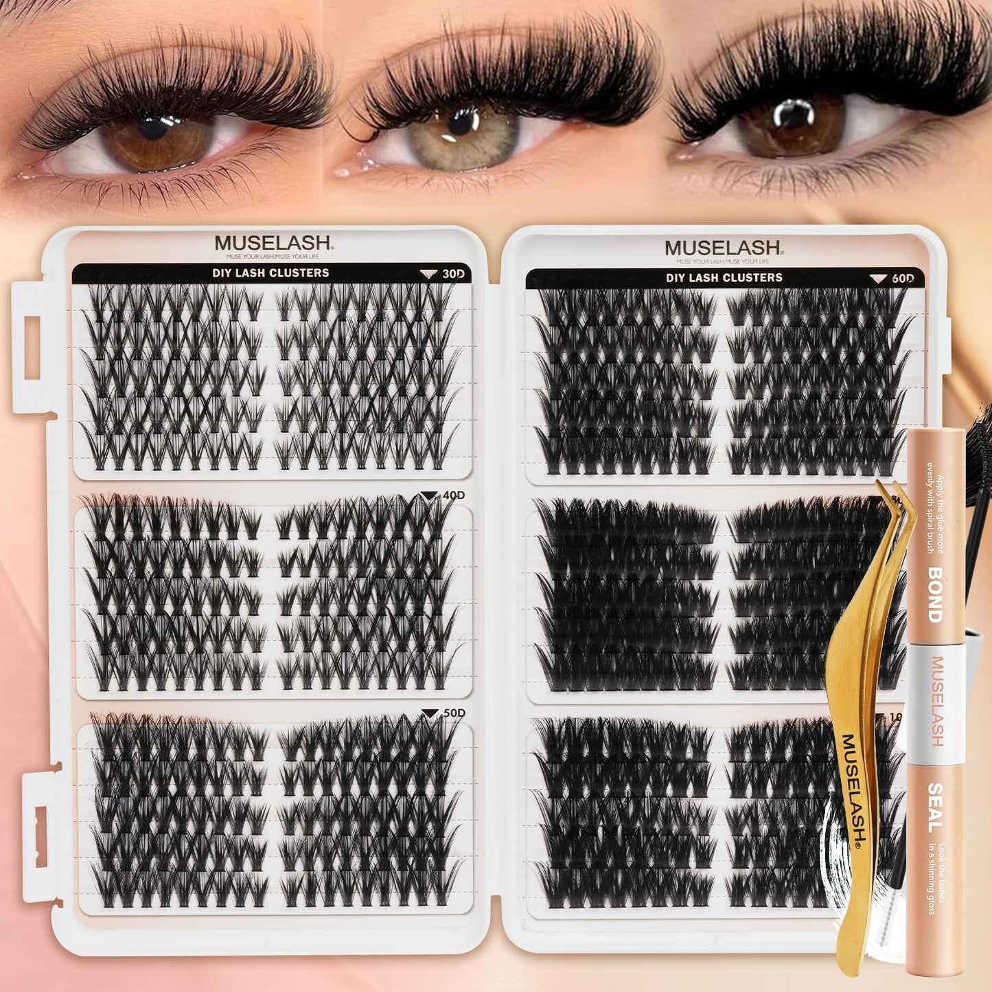 MUSELASH Lash Clusters Kit 530pcs Eyelash Clusters 30D-100D Pre Map Volume Cluster Eyelash Extensions Kit 8-16mm Mix Lengths Wispy Lashes Clusters Kit with Lash Bond and Seal Tweezers