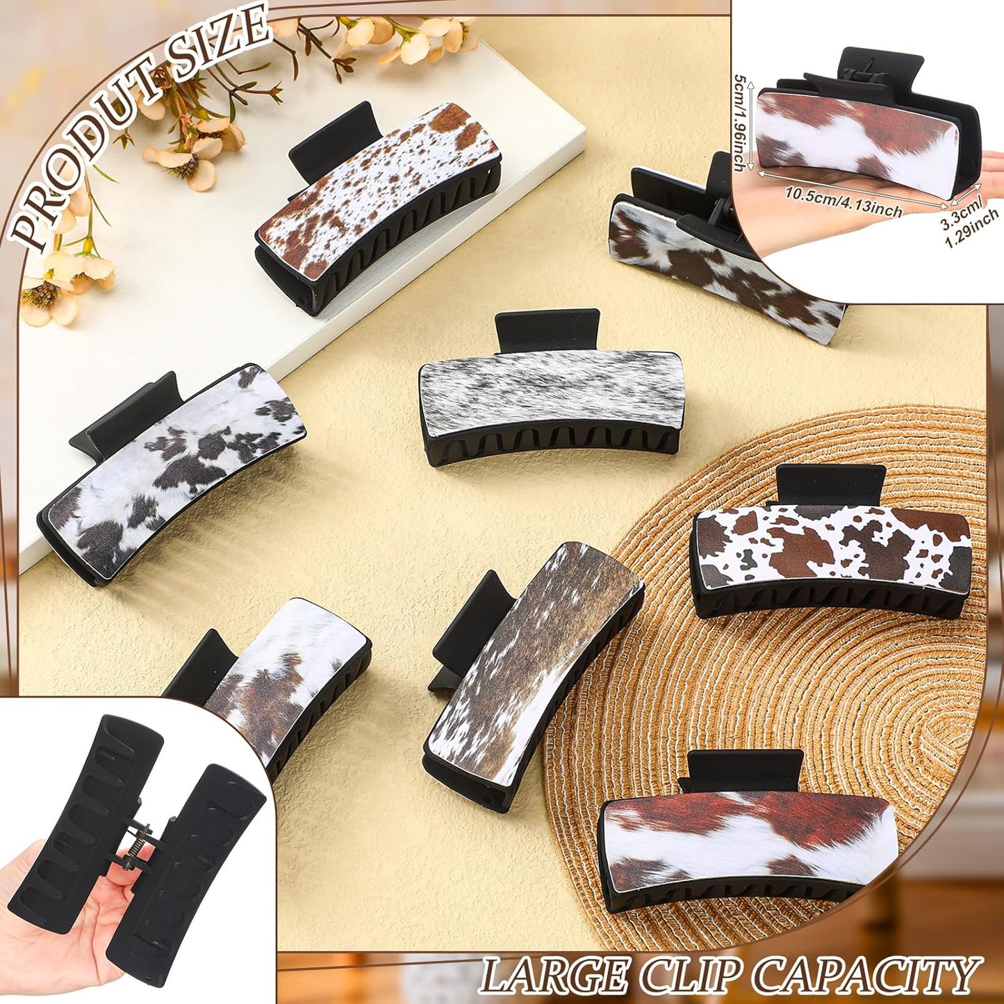 Western Hair Claw Clips - 8 Pcs Cow Print Leather Accessories | Perfect Gift for Girls & Women