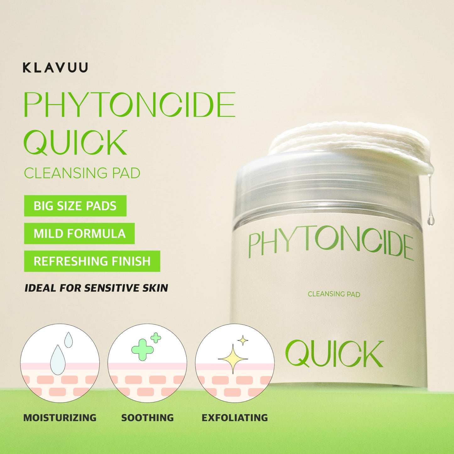 KLAVUU PHYTONCIDE QUICK CLEANSING PAD – Gentle Makeup Remover, Deep Pore Care, Soothing & Moisturizing Formula, Hypoallergenic, Ideal for Sensitive Skin - 100 Count