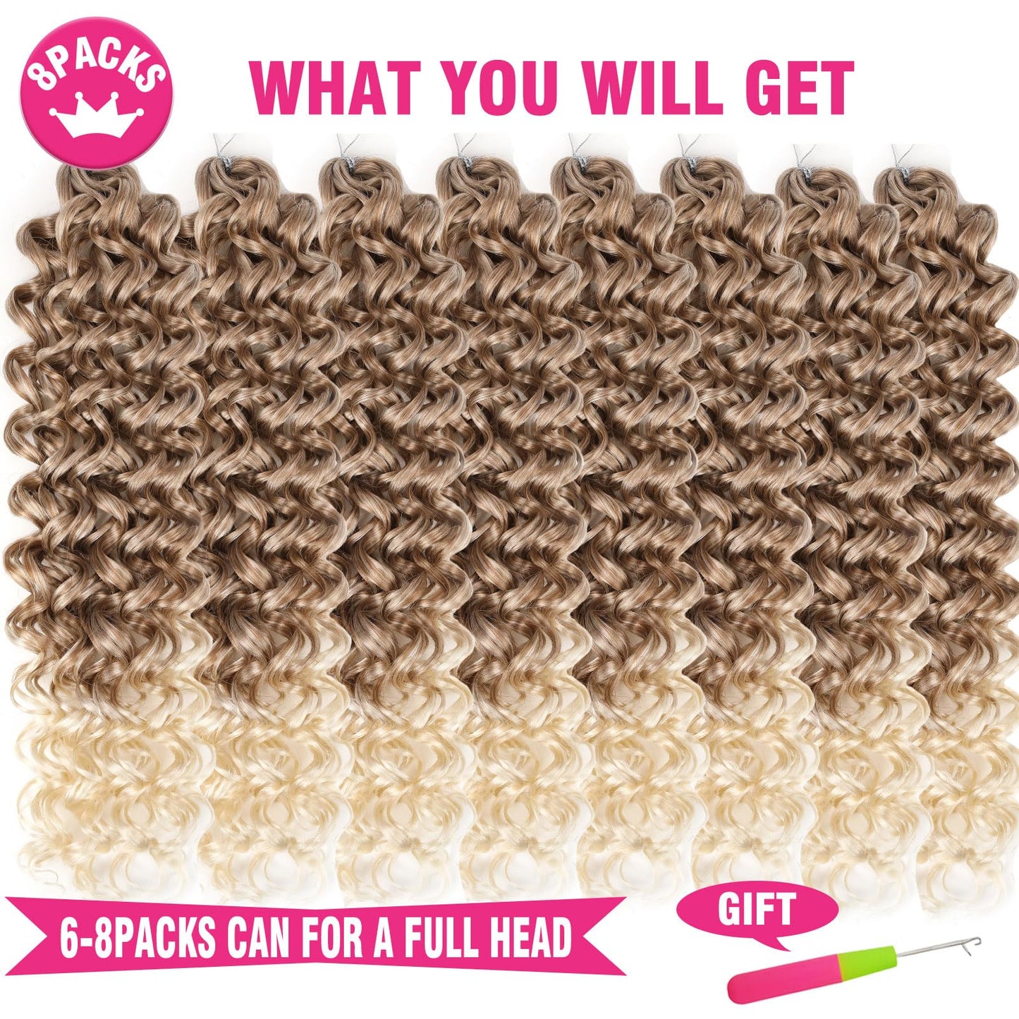 Unionbeauty 8 Pack GoGo Curl Crochet Hair Ocean Wave 18 Inch Water Wave Beach Curl Curly Crochet Hair Ombre Blonde Synthetic Curly Braiding Hair Extension for Women T27/613#
