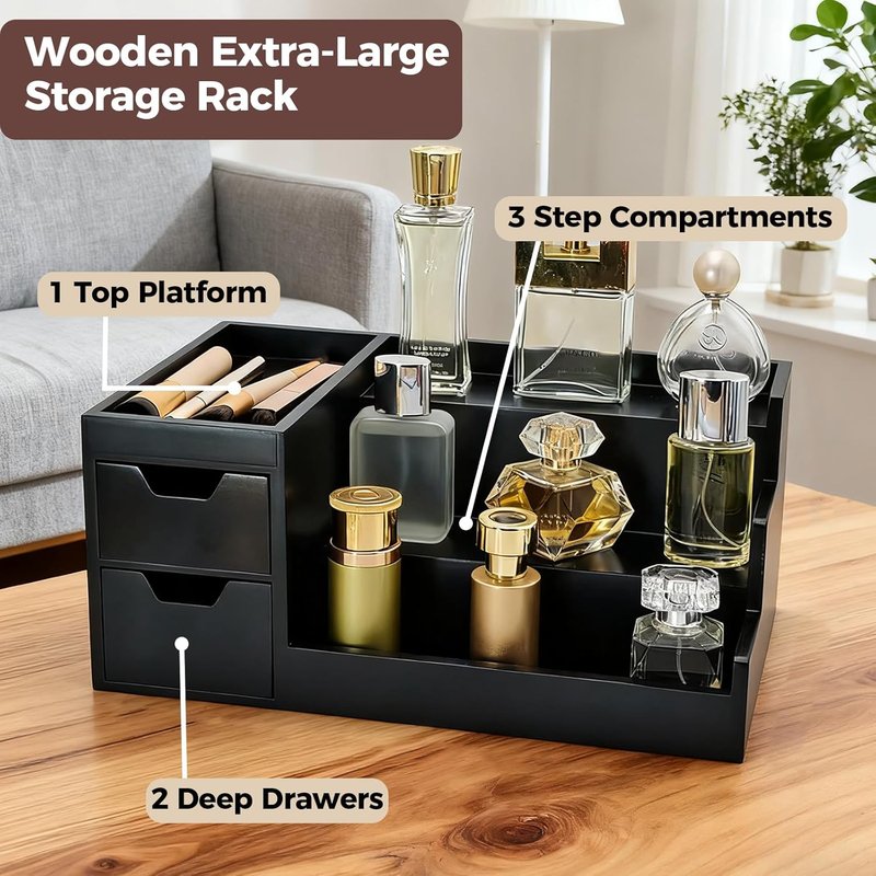 Perfume & Makeup Organizer - Stylish Wooden Rack for Cologne & Skincare | Black