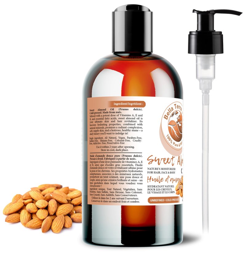 Bella Terra Oils - Natural Sweet Almond Oil 16oz - Purity Meets Luxury with Almond’s Vitamin B & Minerals, Cold-Pressed Elixir for Mesmerizing Skin