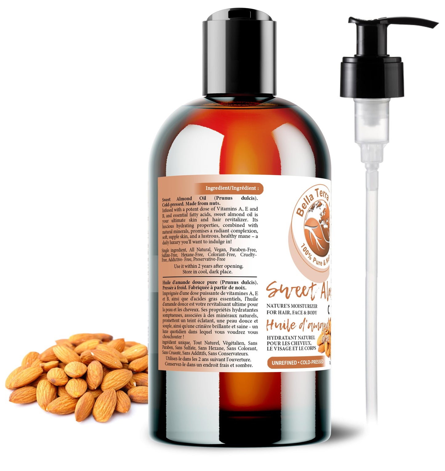 Bella Terra Oils - Natural Sweet Almond Oil 16oz - Purity Meets Luxury with Almond’s Vitamin B & Minerals, Cold-Pressed Elixir for Mesmerizing Skin