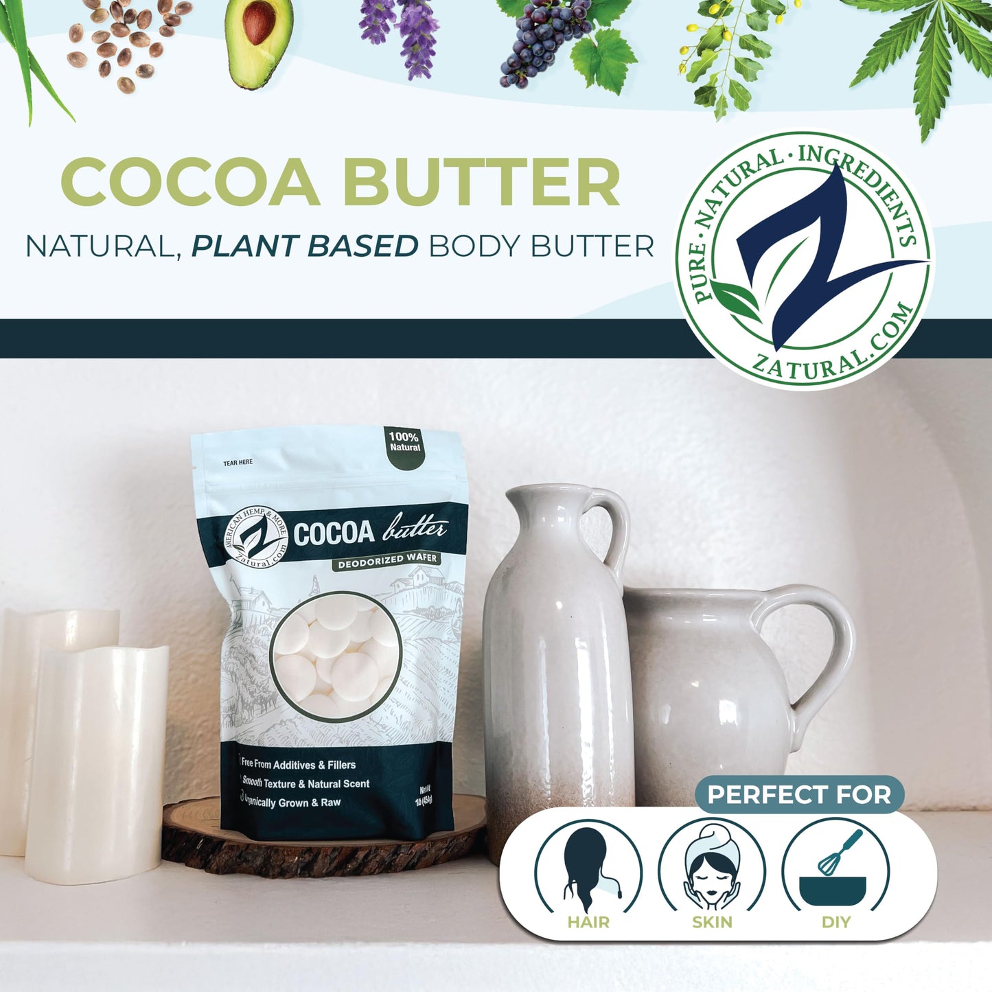 Zatural Raw Cocoa Butter Wafers Deodorized – 100% Pure Food-Grade Prime-Pressed Cocoa Butter, Neutral Scent, for DIY Lotion Lip Balm Soap Chocolate & Candles (16 oz Wafers)
