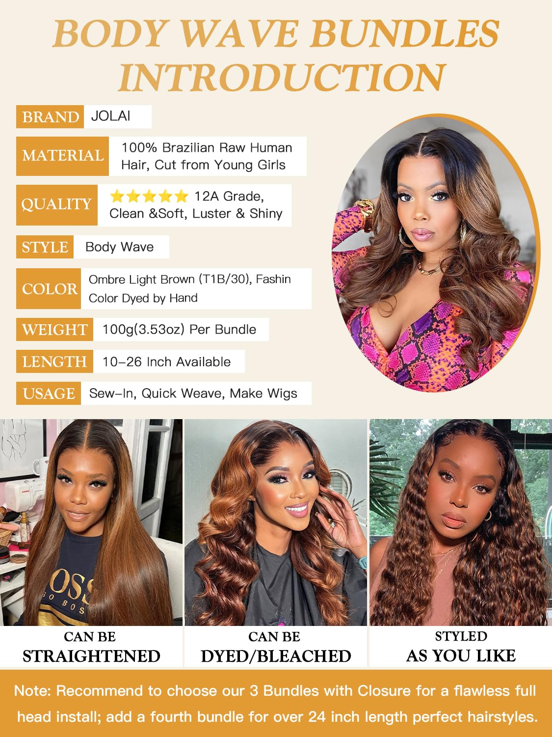 Two Tone Color T1B/30 Ombre Honey Brown Human Hair Bundle Body Wave 14 Inch