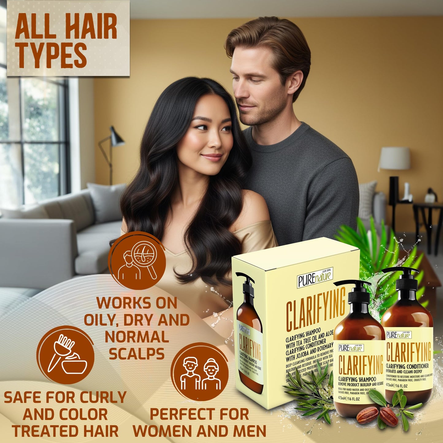 Clarifying Shampoo and Conditioner Set - Sulfate Free Hair Care Products for Women and Men - Deep Cleansing for Oily Scalp - Ideal for Swimmers - 16 Fl Oz (Set of 2)