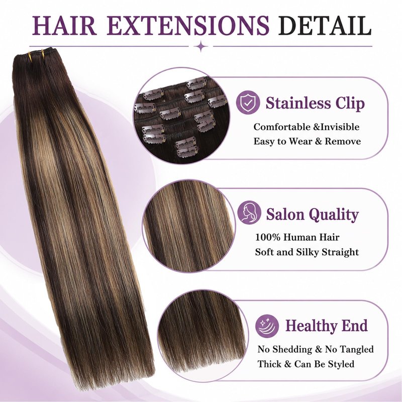 Clip in Hair Extensions Real Human Hair, Remy Human Hair Clip in Extensions for Women, 14 Inch 7Pcs 85g, Balayage Chocolate Brown to Caramel Blonde, Natural Straight Hair