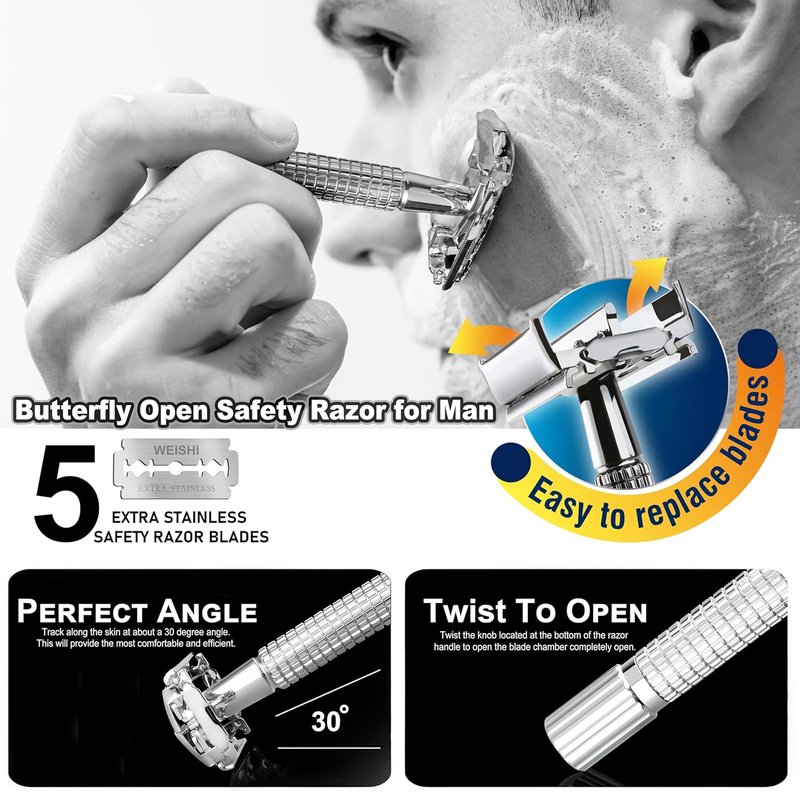 **WEISHI Butterfly Double Edge Safety Razor - Chrome Short Handle with 5 Stainless Blades for a Smooth Wet Shave**