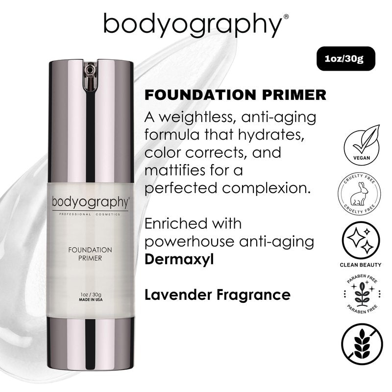 BODYOGRAPHY Foundation Primer | Flawless Anti-Aging Makeup Base with Vitamin E, A, Jojoba & Grapeseed Oil | Shine Control, Smooth Finish | Salon-Quality, Gluten-Free, Cruelty-Free | 1 oz