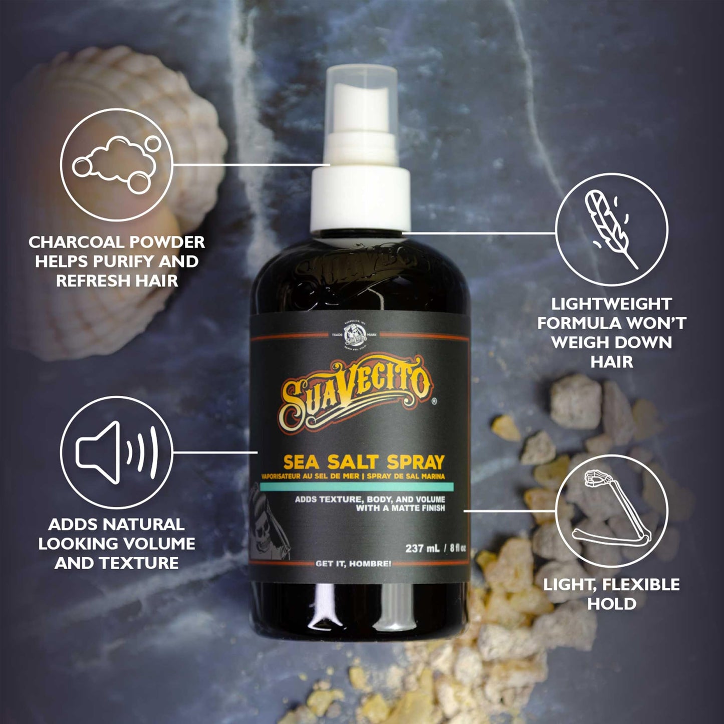 Suavecito Sea Salt Spray - Natural Hair Volume and Texture with Light Flexible Hold for Men, Alcohol & Paraben-Free, 8 oz