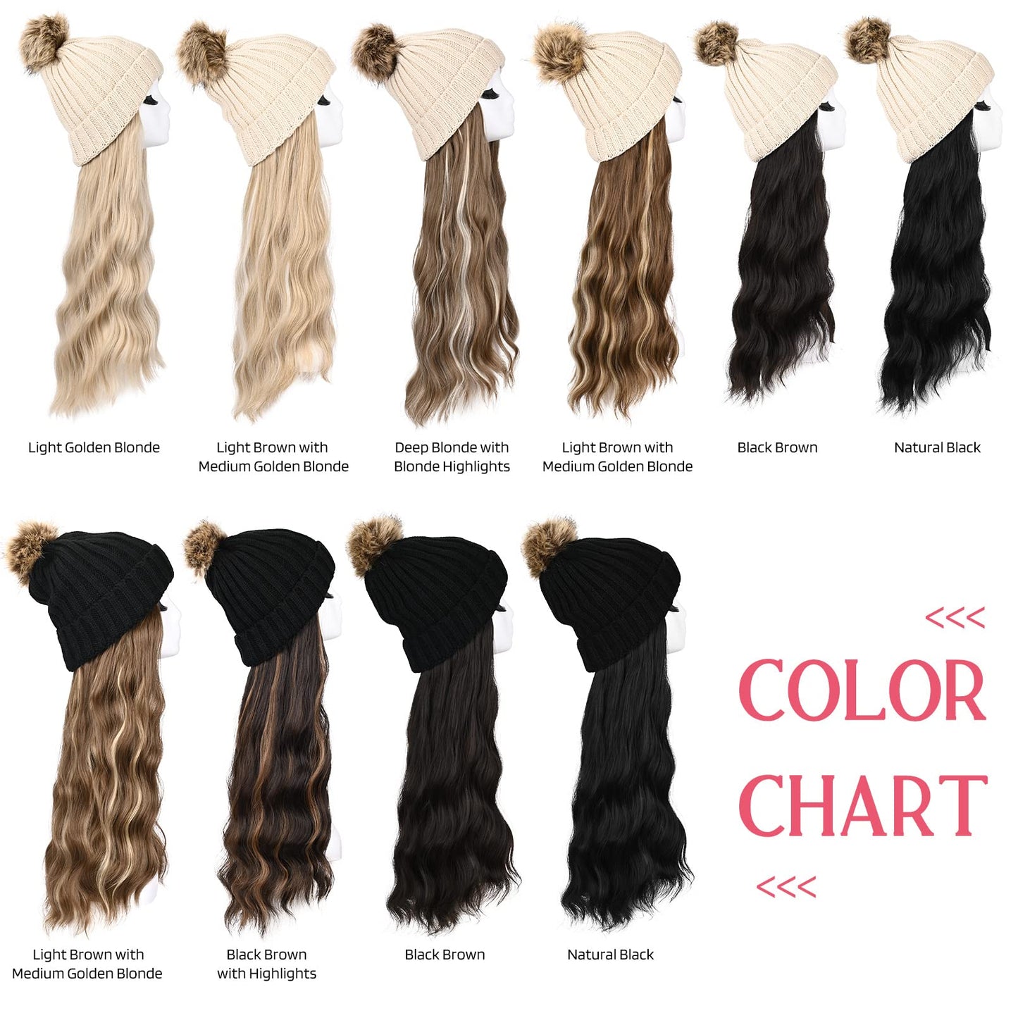 HOOJIH Knitted Beanie Wig, Hat Hair Extension Long Wavy Curly Black Hat Wig with Faux Fur Pom Hat Attached 18 Inch Synthetic Hairpiece for Women Girls Winter - Light Brown with Medium Golden Blonde