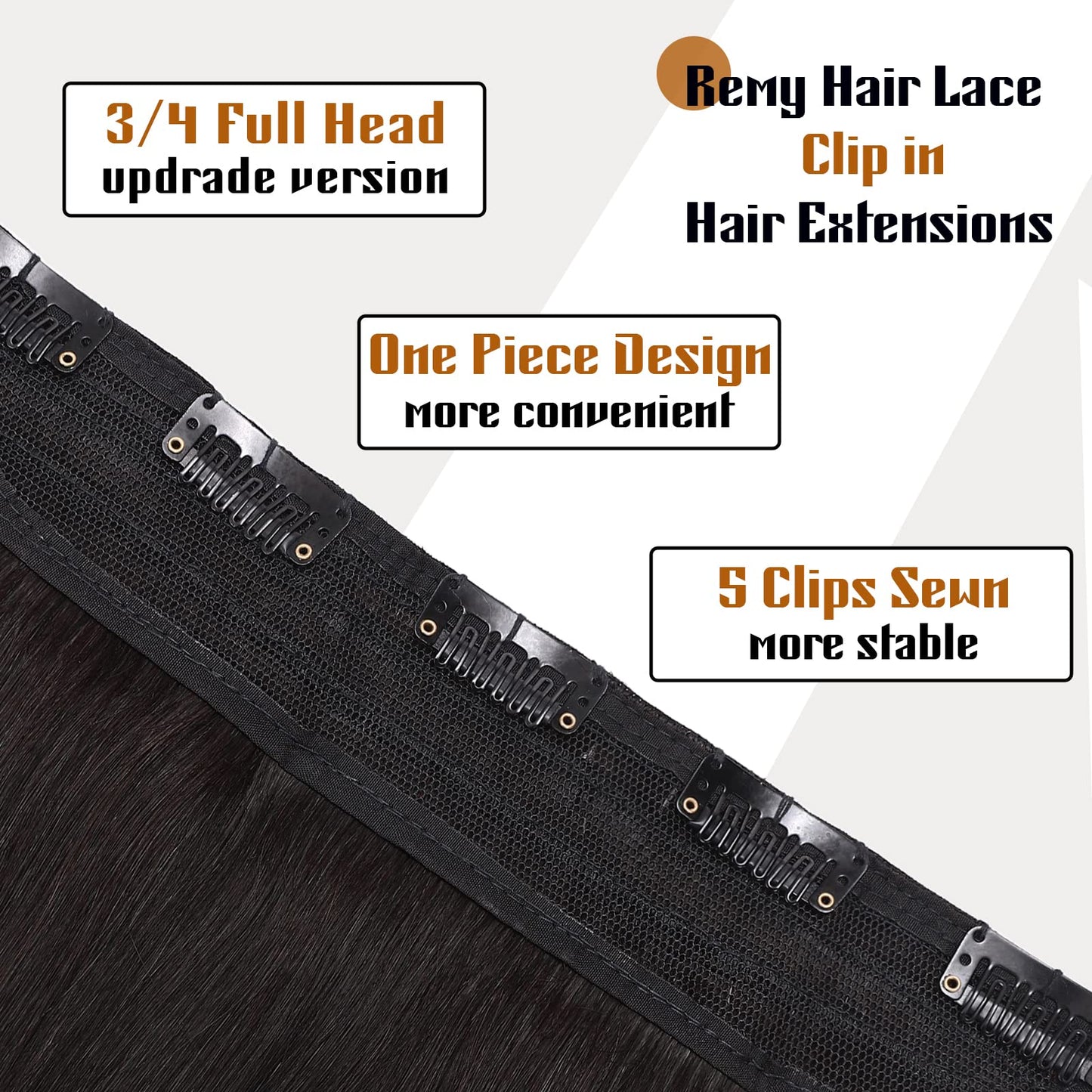 Benehair Clip-in Real Human Hair Extensions, One Piece Human Hair Extension, 3/4 Full Head with 5 Clips 1 Piece Hair Clip in for Women with Thinning Hair #1B Natural Black, 18Inch
