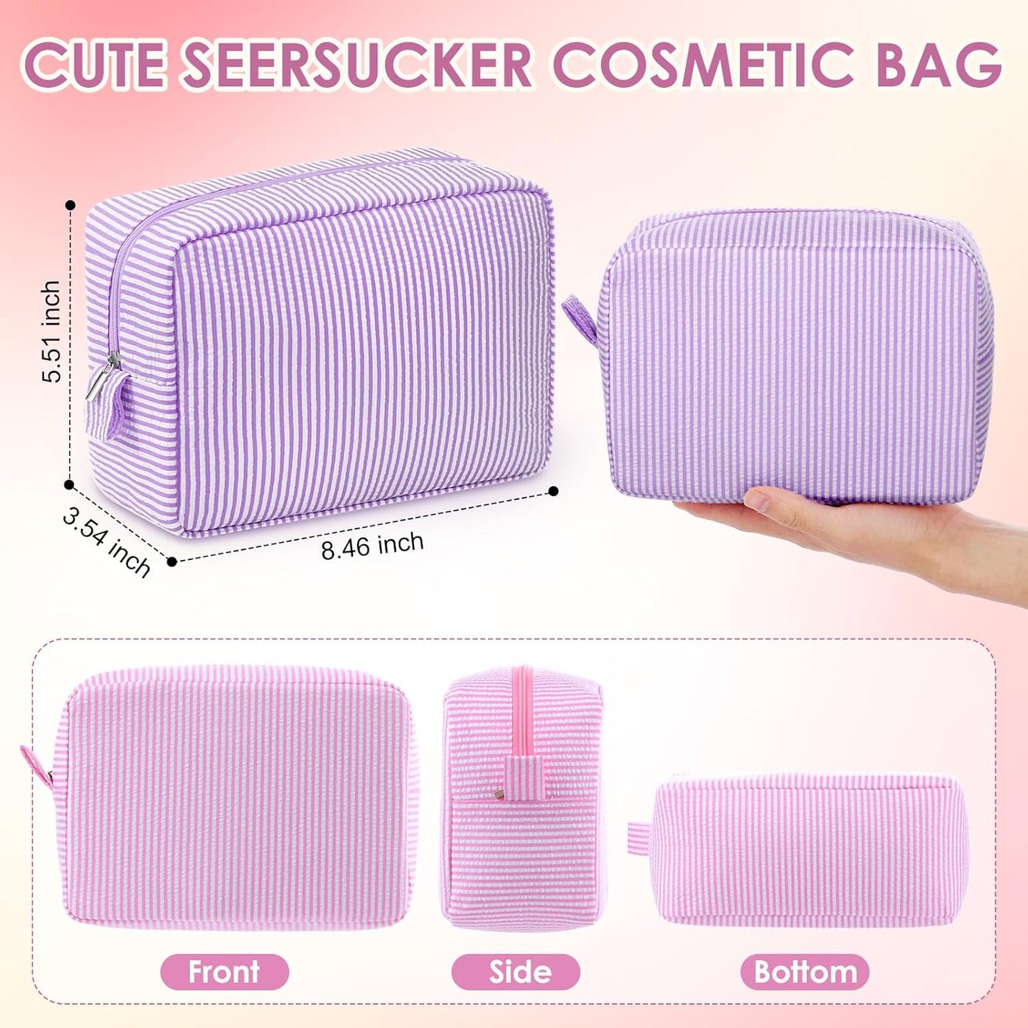 Seersucker Cosmetic Bag - Cute Striped Makeup Organizer for Women | Large Macaron Color Travel Pouch