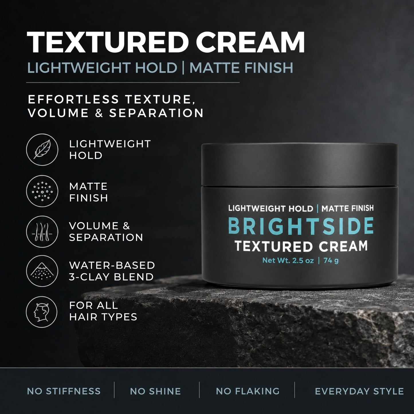 Brightside Textured Cream | Lightweight Hold Matte Finish | Water Based Clay Blend | for All Hair Types | Styling Product