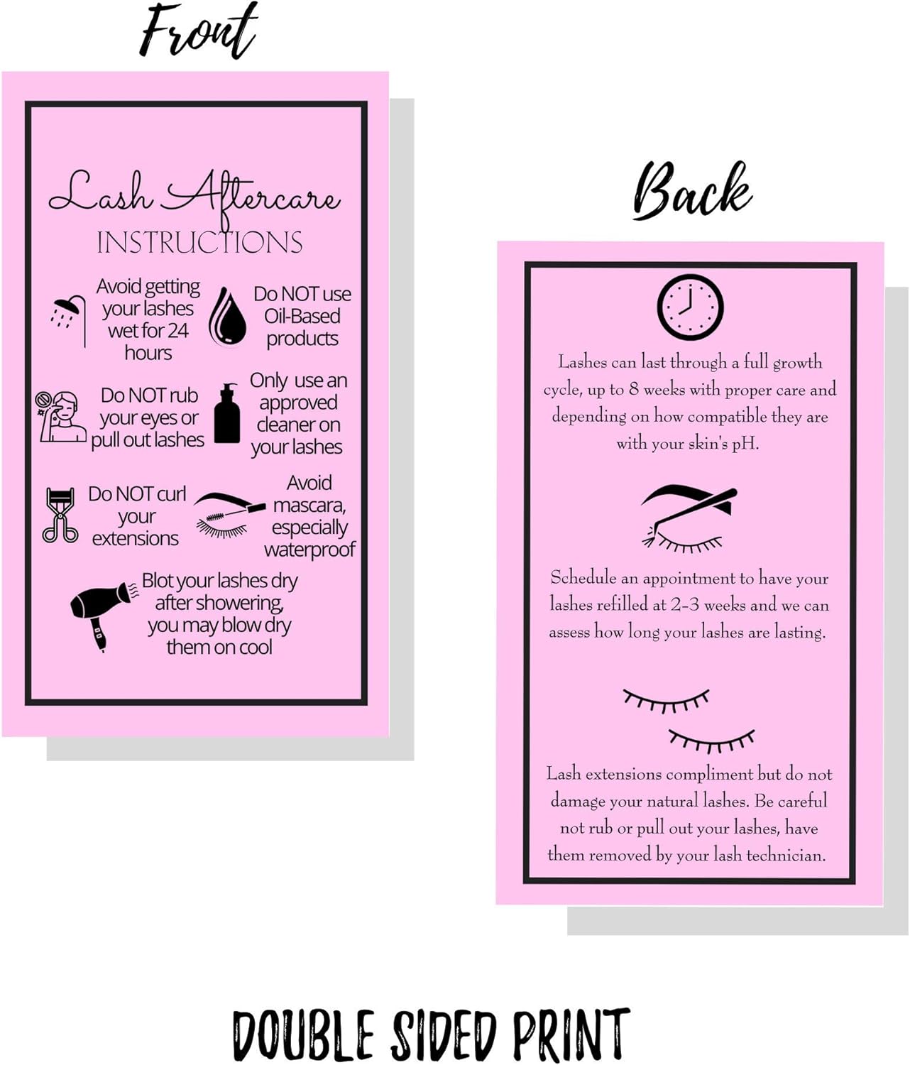 Lash Extension Aftercare Instructions Cards - Double-Sided 2x3.5" | 250 Pack in Bubblegum Pink with Visuals
