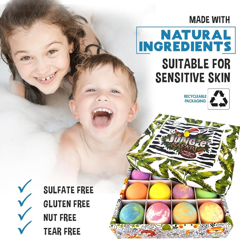 Bath Bombs for Kids - 12 Jungle Animal Surprise Fizzies | Moisturizing & Gentle Rainbow Spa Experience