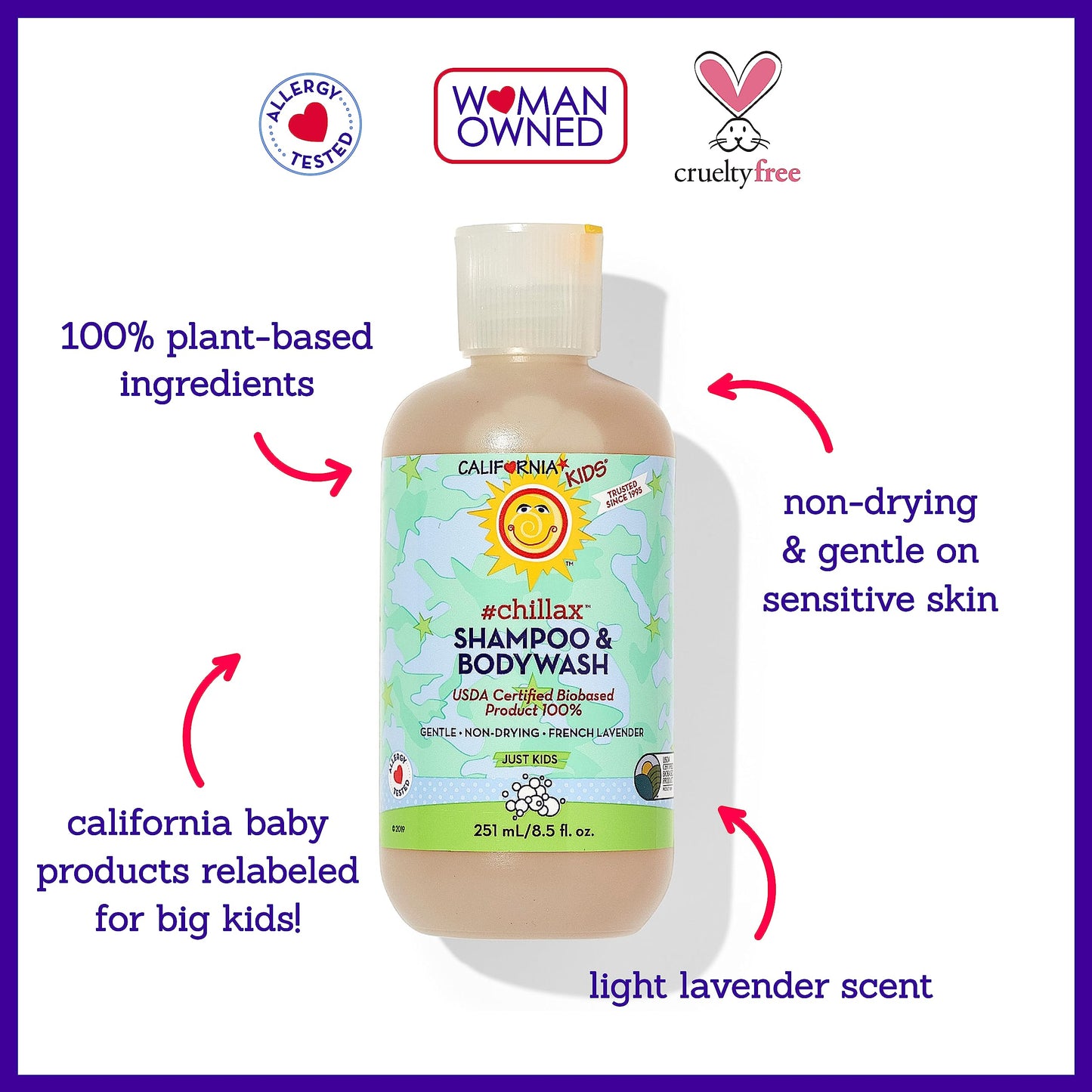 California Kids Shampoo + Body Wash | Chillax Lavender Body Wash | Gentle Skin Care for Kids + Teens | 100% Plant-Based | Hypoallergenic | 8.5 oz