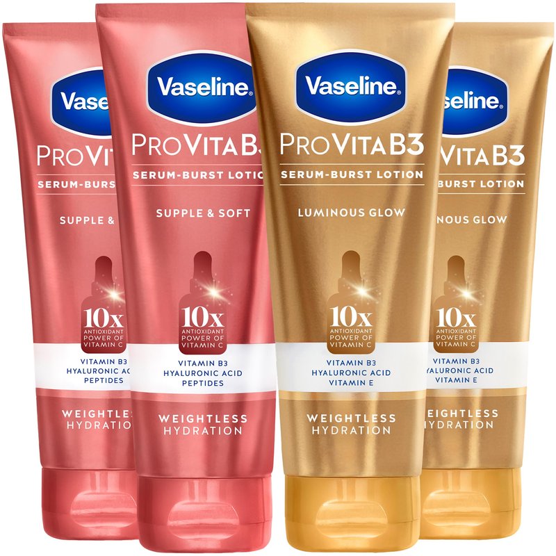 Vaseline Lotion, Pro VitaB3 Serum-Boost, Luminous Glow + Supple & Soft Variety 4-Pack – Weightless Hydration with Niacinamide and Hyaluronic Acid, 7.5 Oz Ea