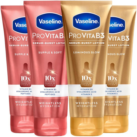 Vaseline Lotion, Pro VitaB3 Serum-Boost, Luminous Glow + Supple & Soft Variety 4-Pack – Weightless Hydration with Niacinamide and Hyaluronic Acid, 7.5 Oz Ea