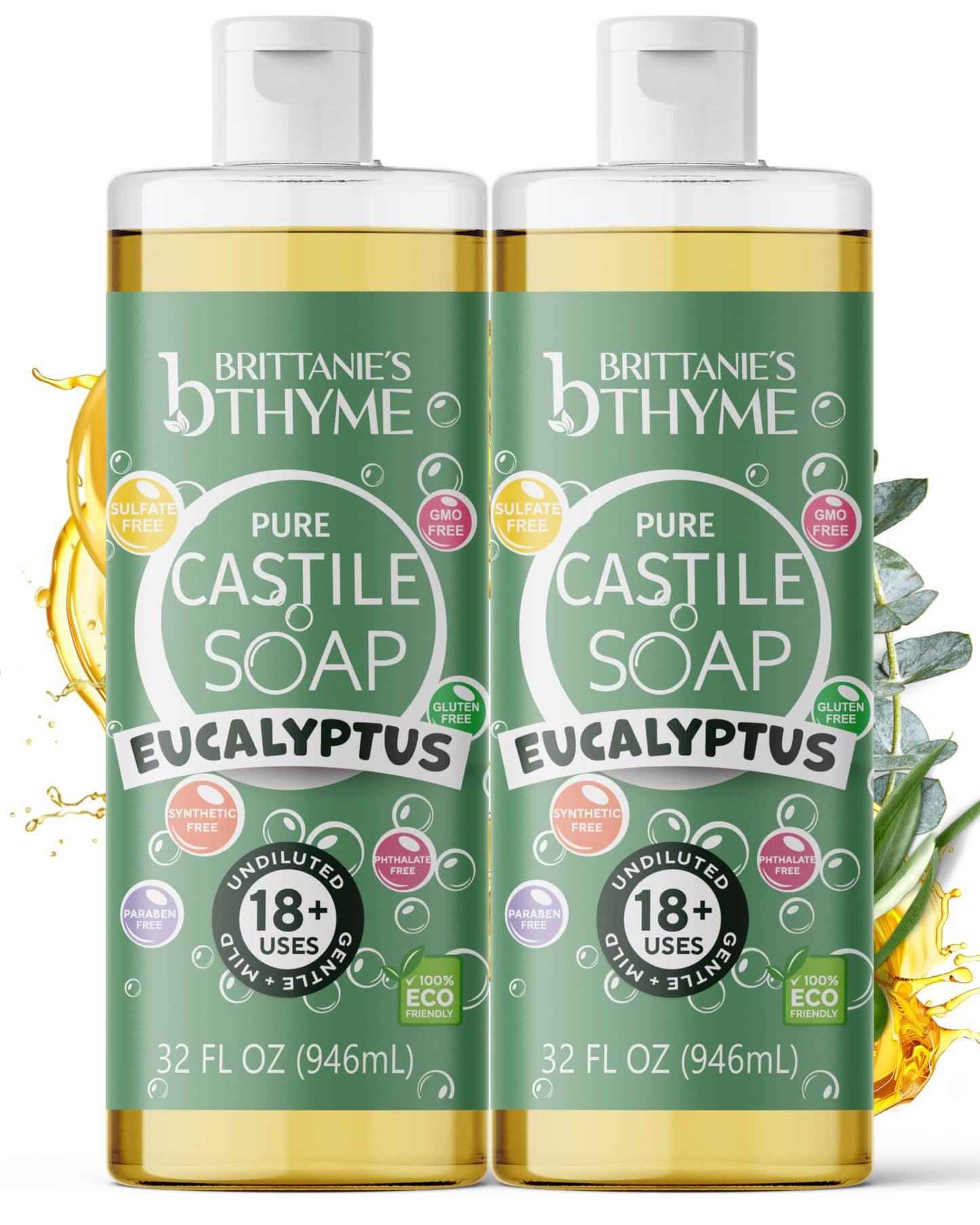 Brittanie's Pure Castile Liquid Soap, Eucalyptus, 32 Ounce 2 Pack | Natural, Organic, Multi-Purpose Soap for Body, Face, Home & Pets | Vegan, Sulfate-Free, Made in USA